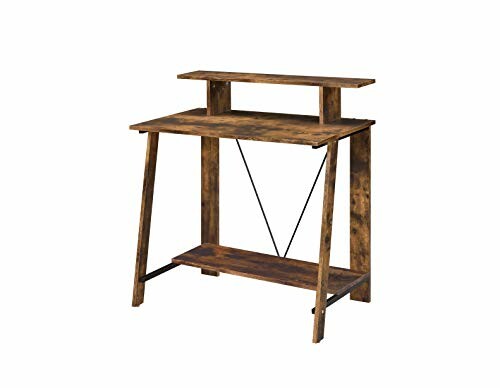 Rustic wooden desk with shelves and metal supports