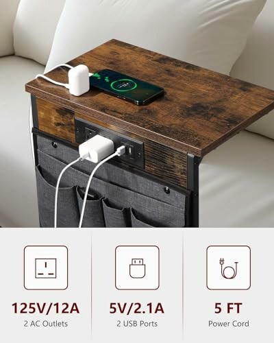 Side table with charging station featuring AC outlets and USB ports.