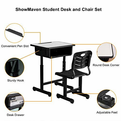 Student desk and chair set with convenient pen slot, sturdy hook, desk drawer, round desk corner, and adjustable feet.