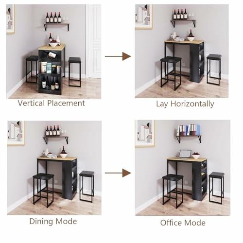 Four images showing different furniture arrangements: vertical, horizontal, dining mode, and office mode.