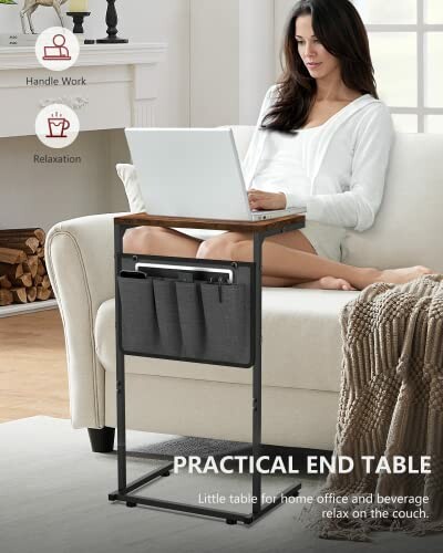 Woman using a practical end table while working on a laptop on the couch.