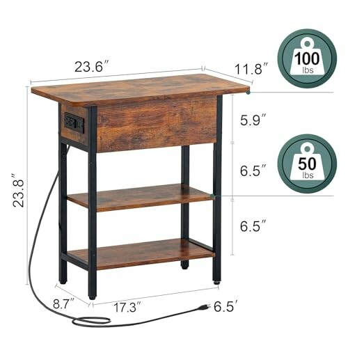 Wooden console table with two shelves and weight capacity indicators.