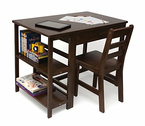 Wooden desk with chair, books, and tablet.