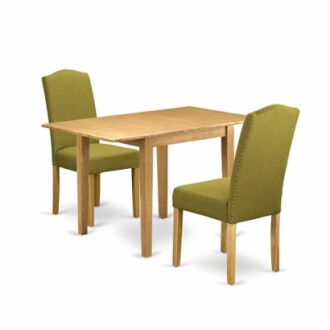 Wooden dining table with two green chairs