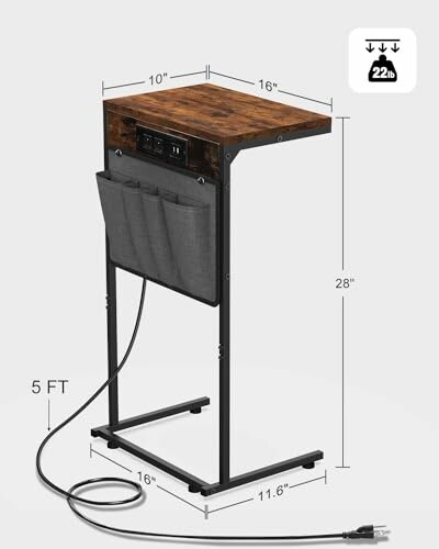 Wooden side table with power outlet, dimensions, and storage pockets.