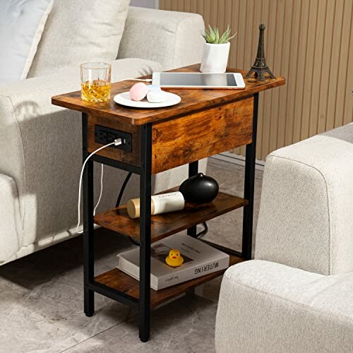 Wooden side table with shelves, drinks, and tablet.